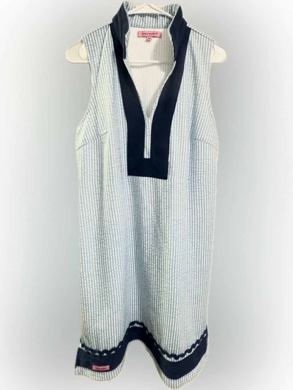 Simply Southern Light Blue & White Shift Dress With Navy Blue Trim