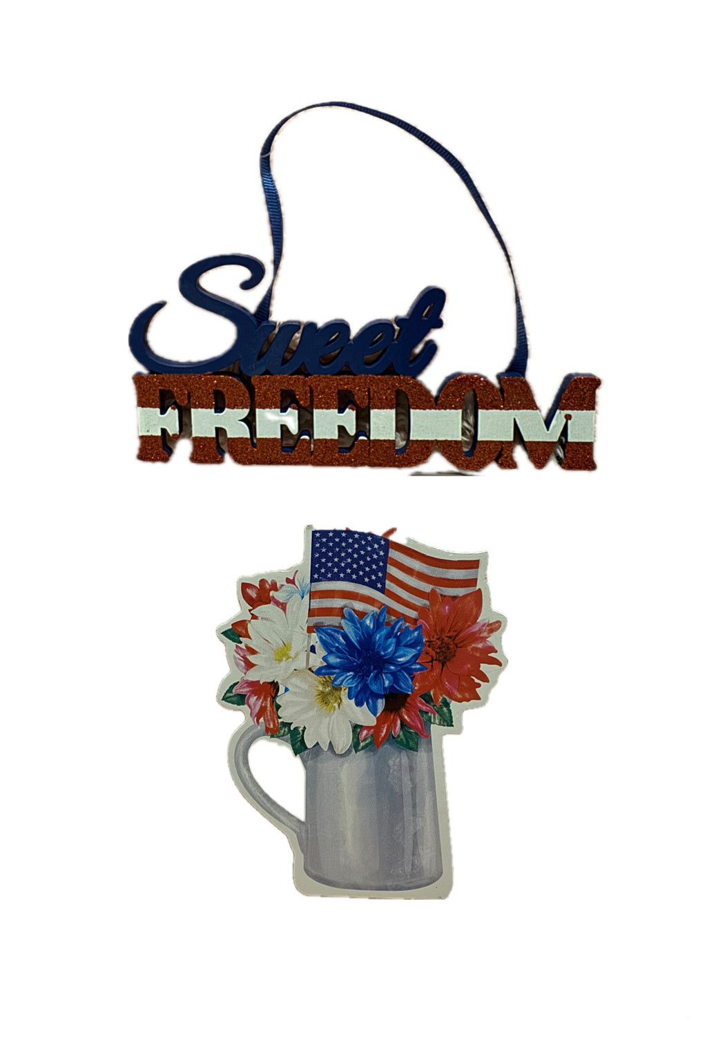 Sweet Freedom Red Glitter, White & Blue Hanging Wall Sign & Floral Flag Accent