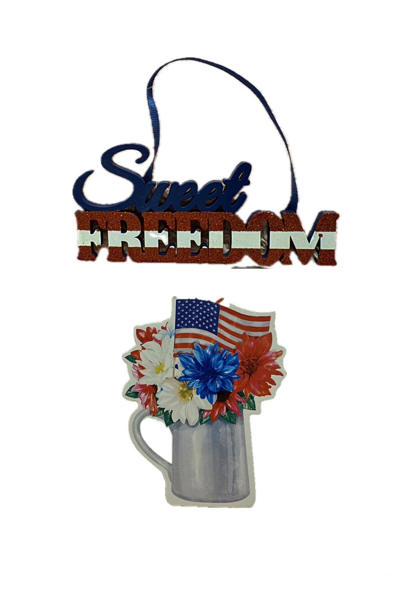 Sweet Freedom Red Glitter, White & Blue Hanging Wall Sign & Floral Flag Accent