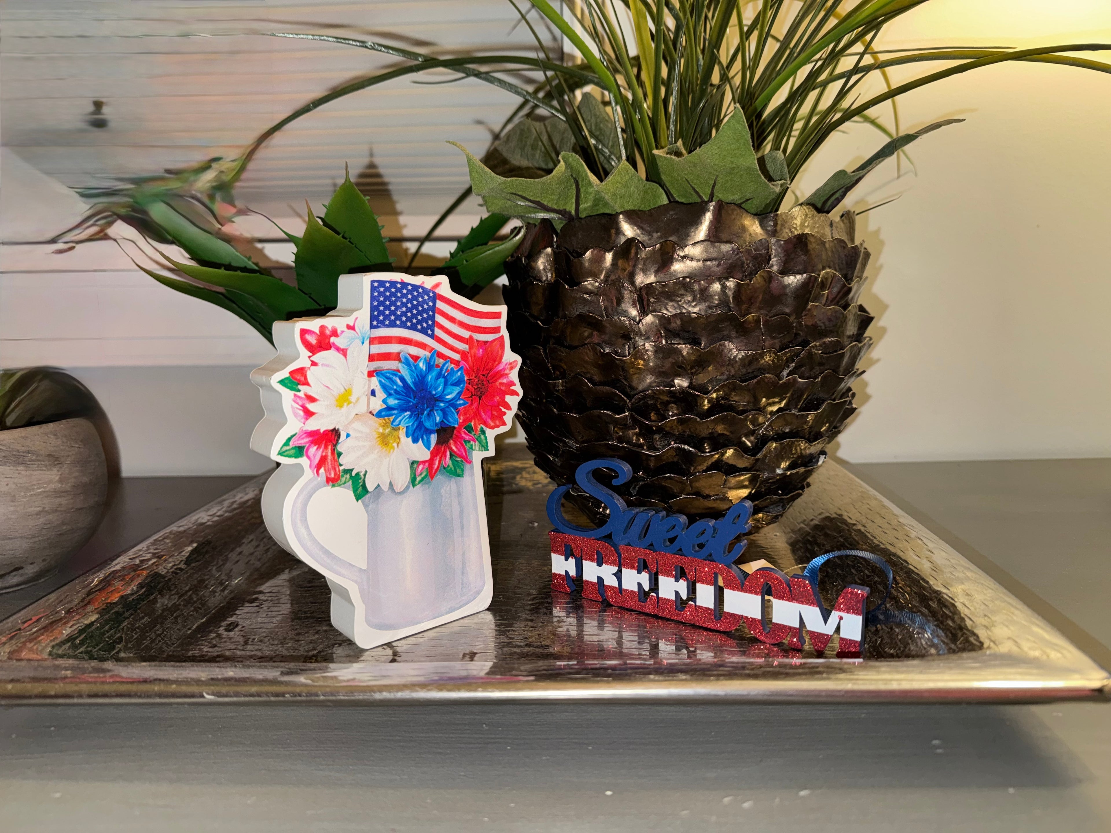 Sweet Freedom Red Glitter, White & Blue Hanging Wall Sign & Floral Flag Accent